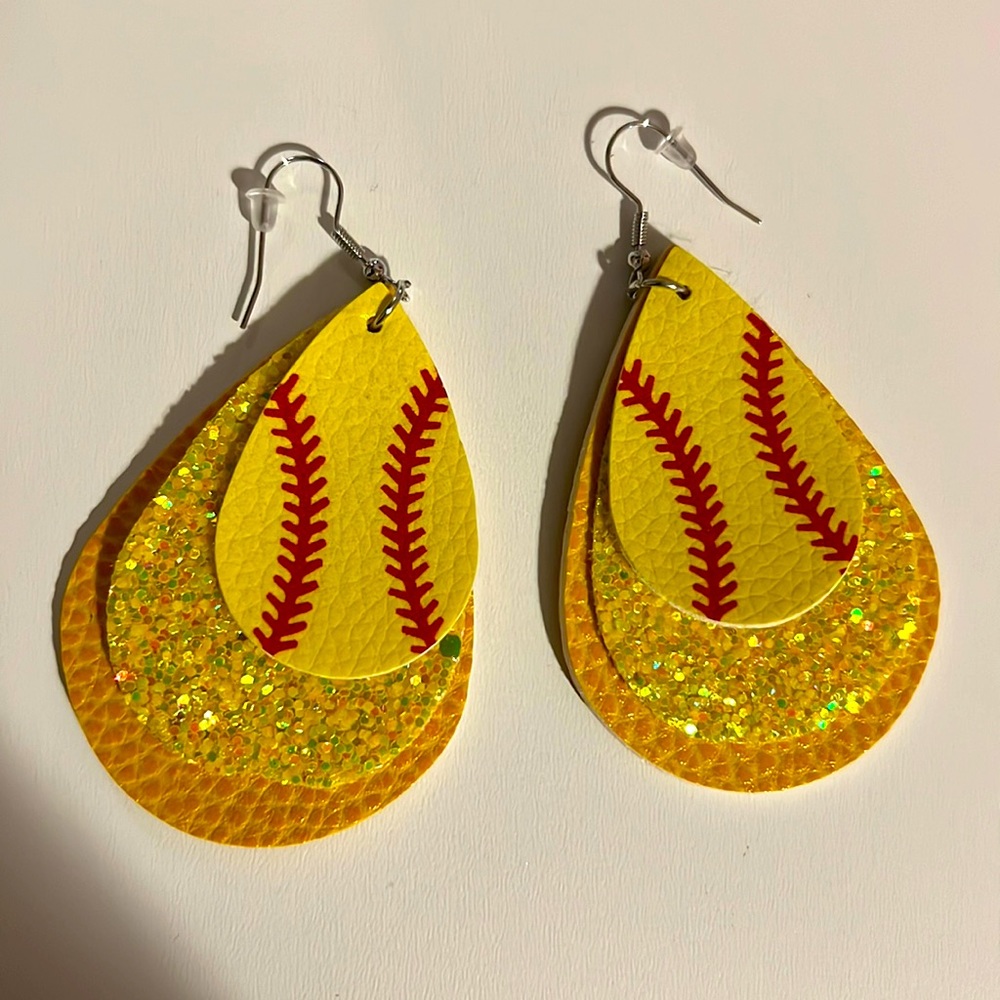 New Womens softball tear drop earrings, sparkly yellow on yellow.